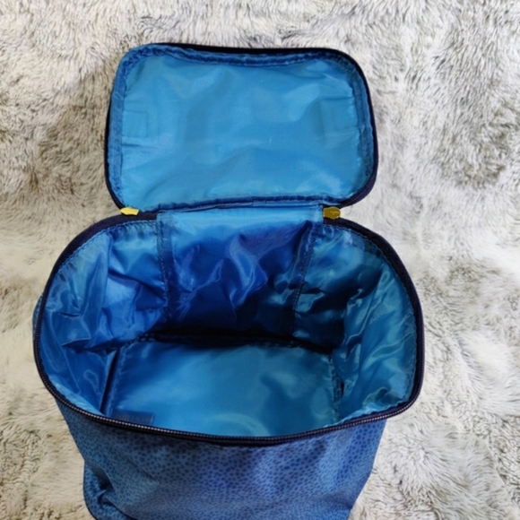 Estee Lauder Cosmetic Bag, Blue Dotted Canvas Upright Cube Makeup Travel Case - Picture 5 of 11